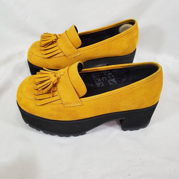 T.U.K. Mustard Faux Suede Fringe Loafer Platform TUK yellow - Picture 5 of 9